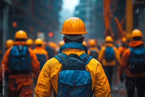 A group of construction workers with yellow hard hats, blue vests. Generative AI