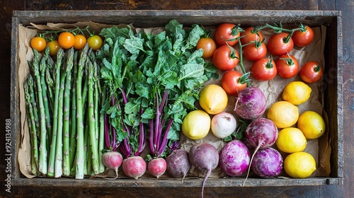   A box containing asparagus, lemons, tomatoes, and various other vegetables
