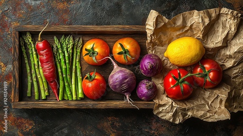  A wooden box filled with various vegetables, including tomatoes, asparagus, and a lemon, resting on wax paper