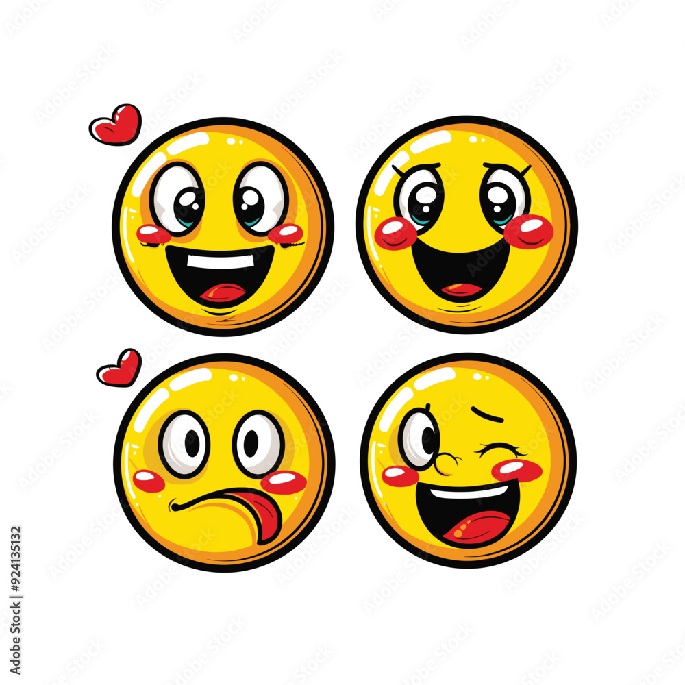 Four yellow smiley faces with various expressions and hearts.
Four yellow smiley faces with various expressions and hearts.