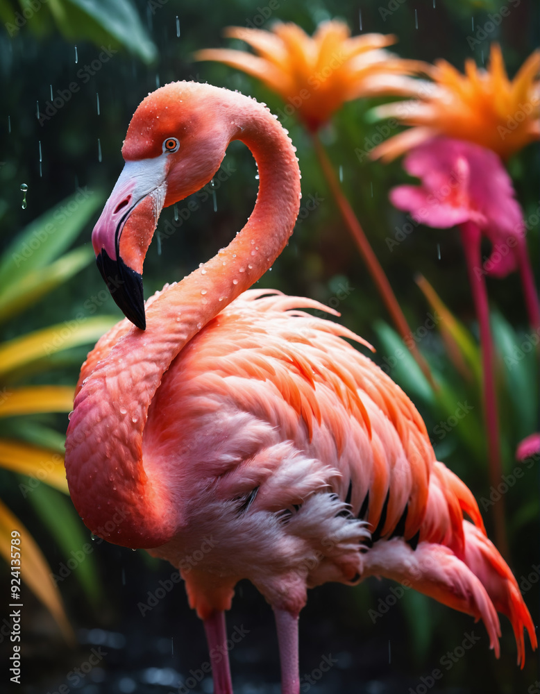 Obraz premium Portrait of a pink flamingo standing in the rain in a tropical forest