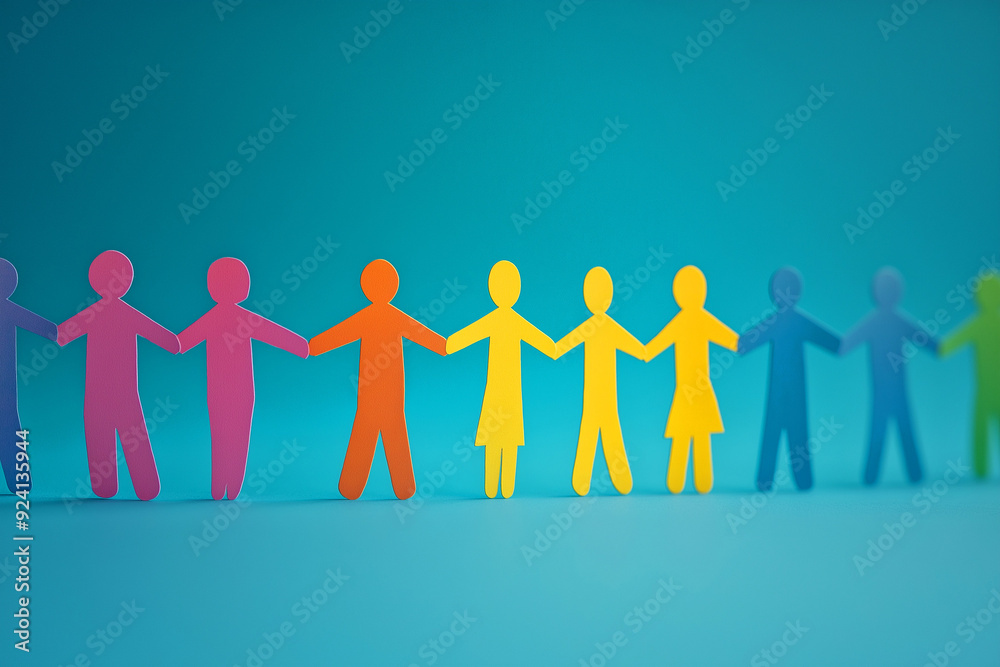 A Chain Of Colorful Paper Cut Out Humans Holding Hands On A Table Surface. Social Support For The Community, Friendship And Togetherness, Solidarity, Equality, Diversity, Happiness, A Chain Of Colorful Paper Cut Out Humans Holding Hands On A Table Surface. Social Support For The Community, Friendship And Togetherness, Solidarity, Equality, Diversity, Happiness,