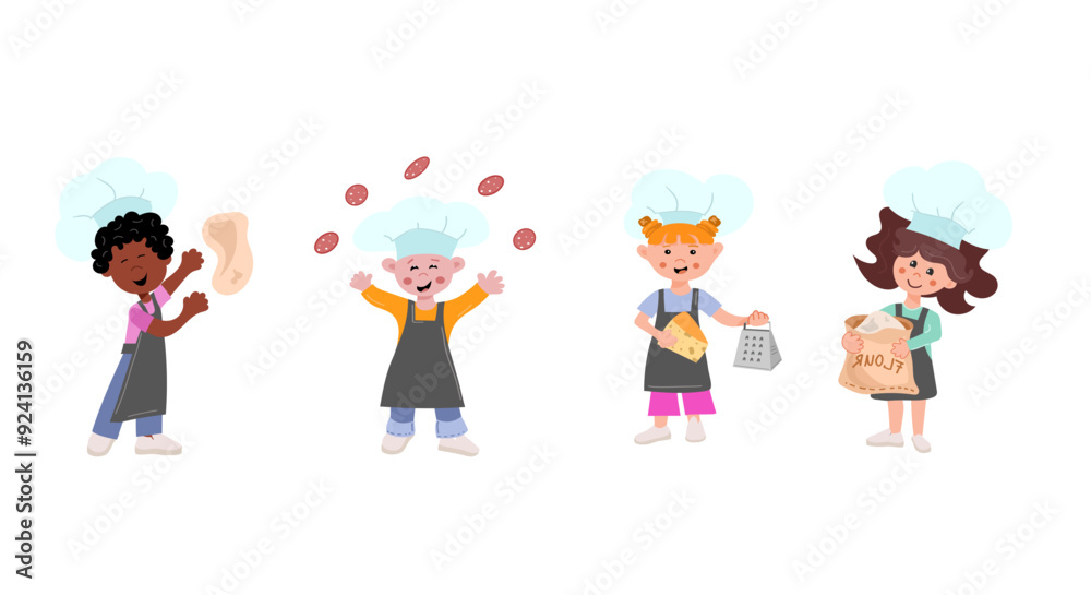 Set of adorable kids in kitchen aprons and chef hats. A little pizzeillo boy tosses the dough, a girl with a grater and cheese, a boy deftly juggles salami, a girl with flour Set of adorable kids in kitchen aprons and chef hats. A little pizzeillo boy tosses the dough, a girl with a grater and cheese, a boy deftly juggles salami, a girl with flour