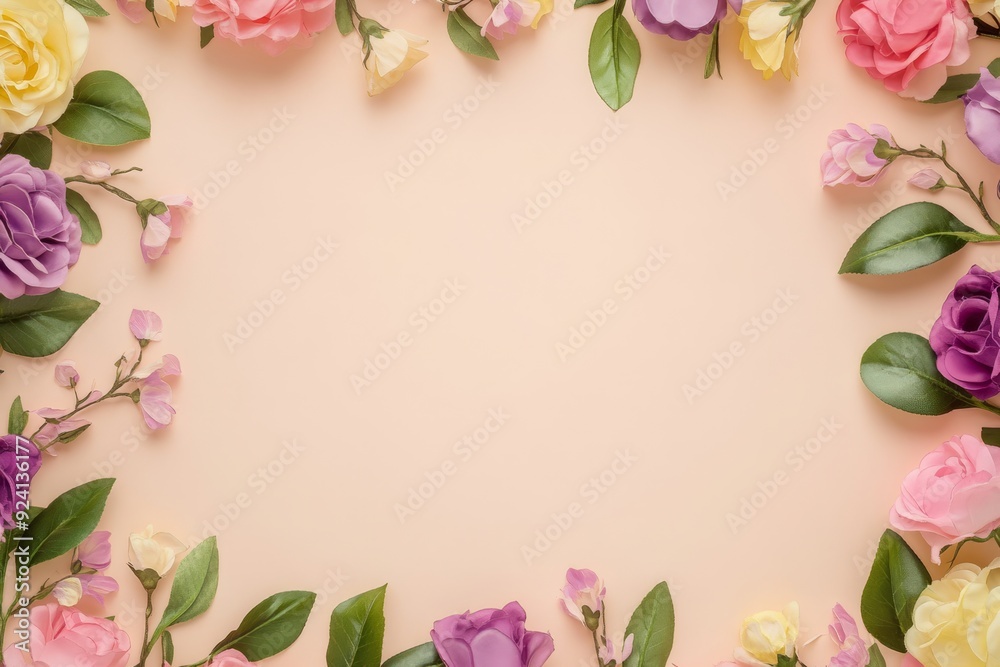 Elegant floral border with vibrant flowers lush greenery on light background. Ideal for decorative designs wedding invitations or romantic designs valentines day, mother's day, women's day Elegant floral border with vibrant flowers lush greenery on light background. Ideal for decorative designs wedding invitations or romantic designs valentines day, mother's day, women's day