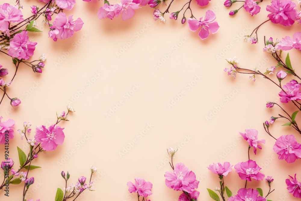 Naklejka premium Elegant floral border with vibrant flowers lush greenery on light background. Ideal for decorative designs wedding invitations or romantic designs valentines day, mother's day, women's day