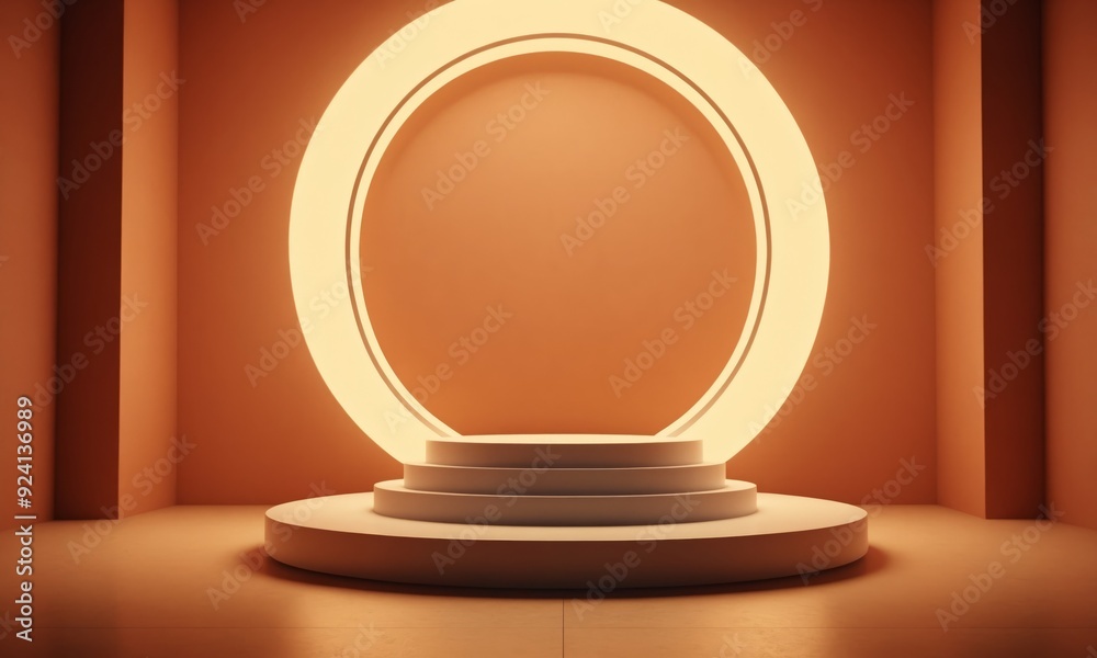 Minimal futuristic scene with empty pedestal and a bright glowing neon ring in natural colors. Bright room in pastel colors with podium in the center. 3D render for cosmetic product advertising. Minimal futuristic scene with empty pedestal and a bright glowing neon ring in natural colors. Bright room in pastel colors with podium in the center. 3D render for cosmetic product advertising.