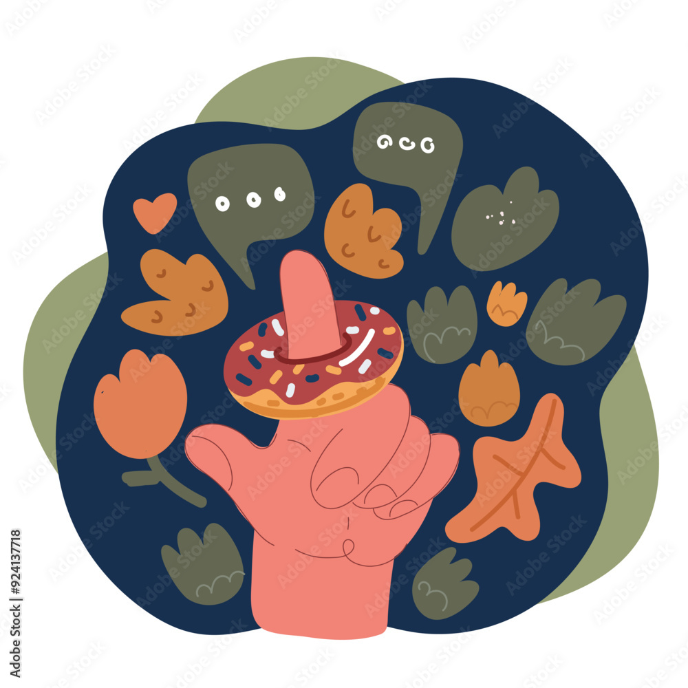 Fototapeta premium Cartoon vector illustration of Finger of holding donut over dark background