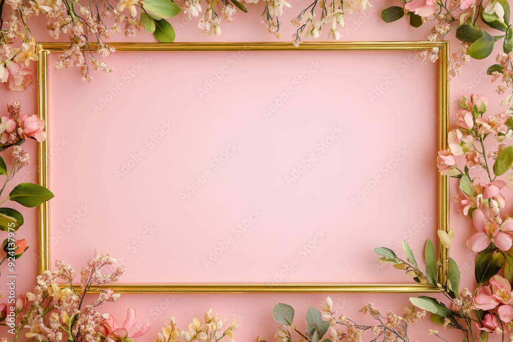 Obraz premium Elegant floral border with vibrant flowers lush greenery on light background. Ideal for decorative designs wedding invitations or romantic designs valentines day, mother's day, women's day