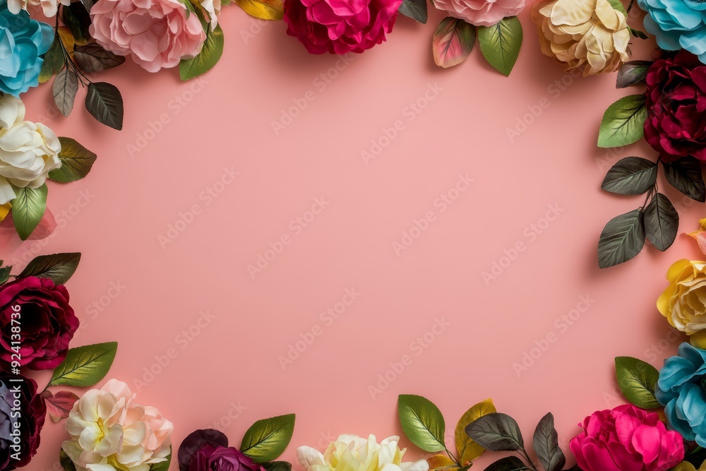 Elegant floral border with vibrant flowers lush greenery on light background. Ideal for decorative designs wedding invitations or romantic designs valentines day, mother's day, women's day Elegant floral border with vibrant flowers lush greenery on light background. Ideal for decorative designs wedding invitations or romantic designs valentines day, mother's day, women's day