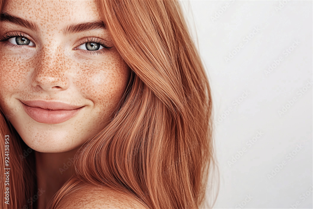 Young woman with long red hair and freckles smiles gently, radiating beauty and femininity. Her clear skin glows naturally, exuding youth and freshness. Isolated on white background Young woman with long red hair and freckles smiles gently, radiating beauty and femininity. Her clear skin glows naturally, exuding youth and freshness. Isolated on white background
