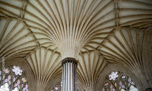 An abstract, isolated portion of the arched, ribbed ceiling with pillar support at the Wells Cathedral in England_08222016_501926.
