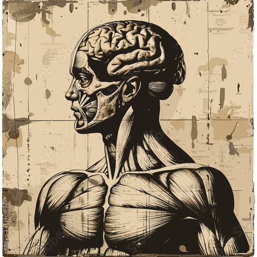 Detailed anatomical illustration of a human head with exposed brain and muscles.
