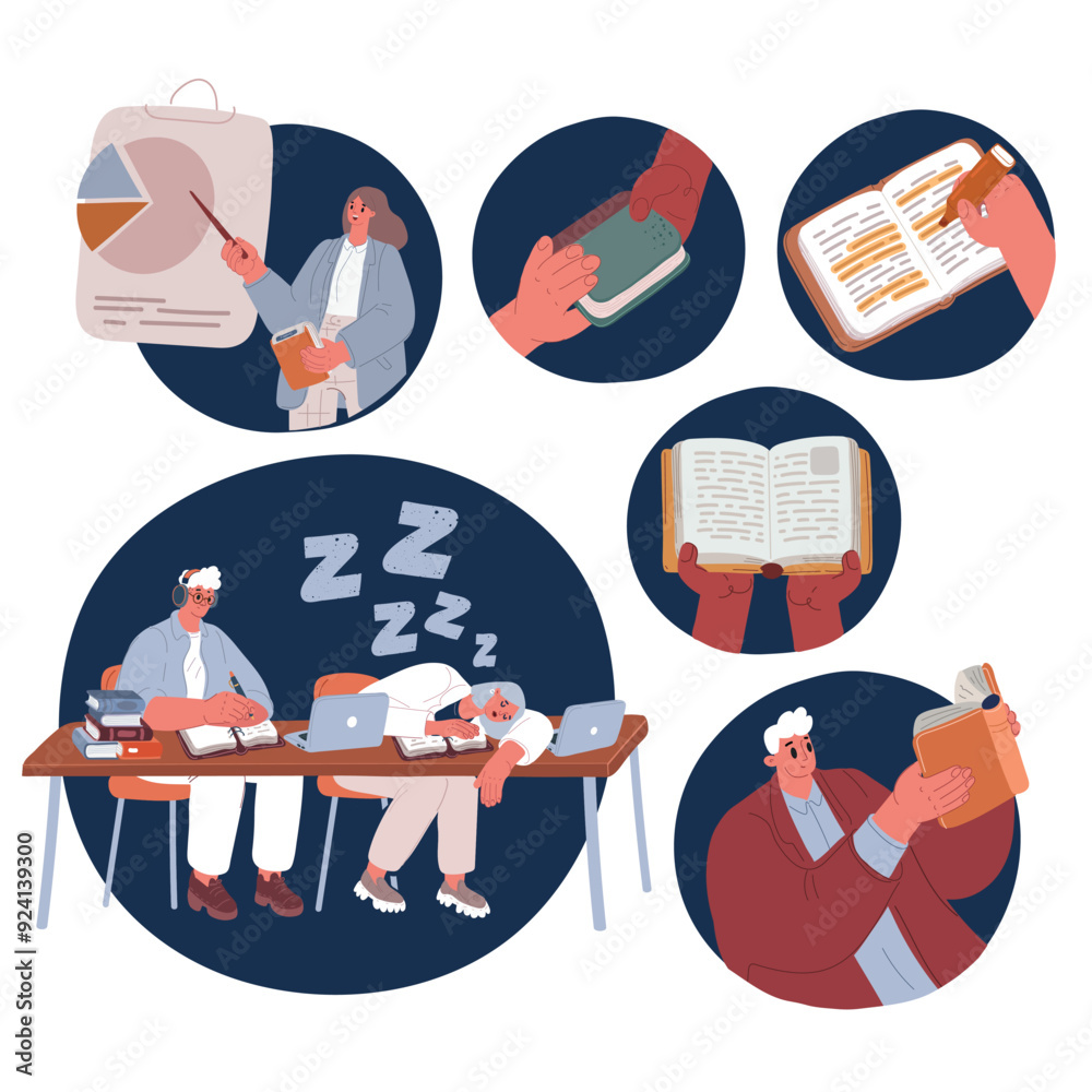 Cartoon vector illustration of Smiling man reading a book. Teachers ...