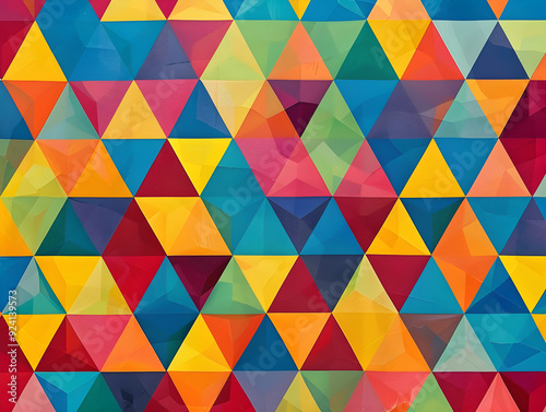 Bold colored triangles form a mesmerizing pattern in shades of orange, blue, and pink.