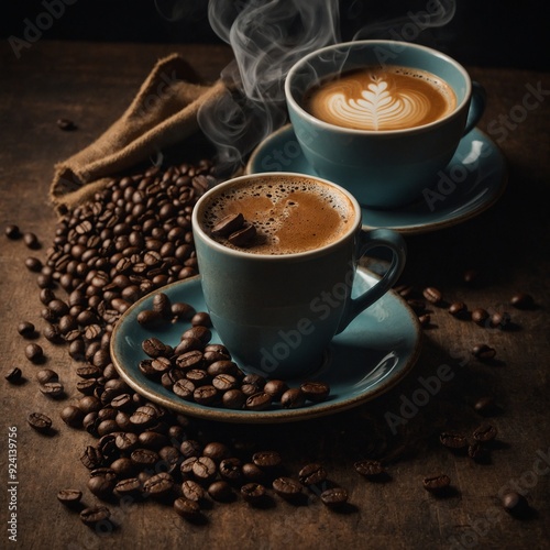 Rich brown coffee beans on a rustic wooden background showcasing their texture alongside a fresh cup of espresso