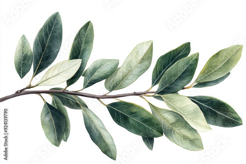 An olive tree branch with leaves on a white background, detailed photo in the style of png. 