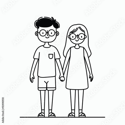 Simple line drawing of a couple holding hands, minimalistic style. 