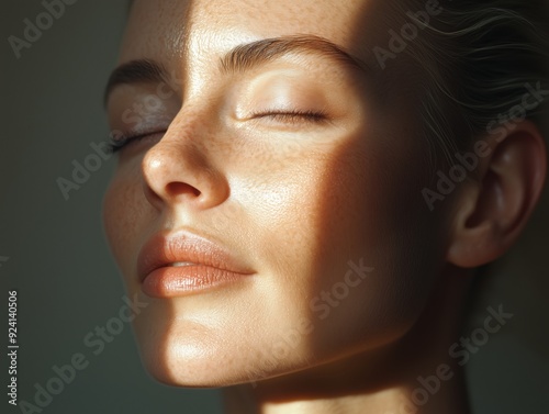 Beauty portrait of woman with eyes closed in sun