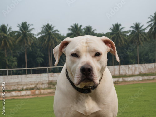 Young white cream asian pakistani indian bully kutta molosser bulldog dog on cloudy day with blue sky on clear spacious green grass terrain kennel breeding facilities background.