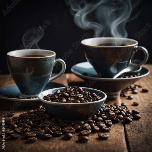 Rustic still life featuring a coffee grinder, freshly ground beans, and a hot coffee cup on a warm wooden table