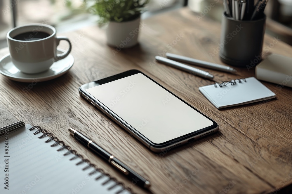 A smartphone lying on a wooden desk. Generative AI A smartphone lying on a wooden desk. Generative AI