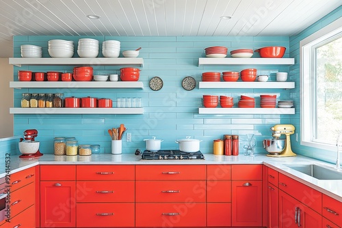 Bright and colorful kitchen showcasing bold red cabinets and cheerful decor photo