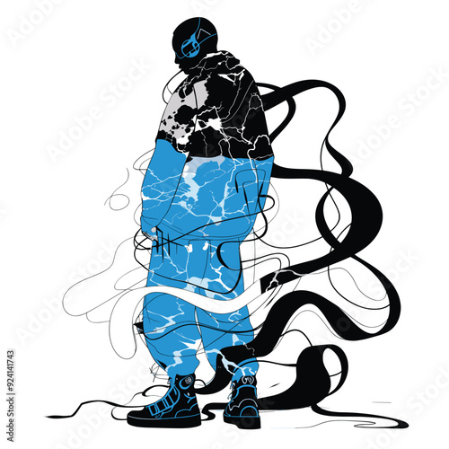 artwork of a figure with flowing lines and electric patterns.
