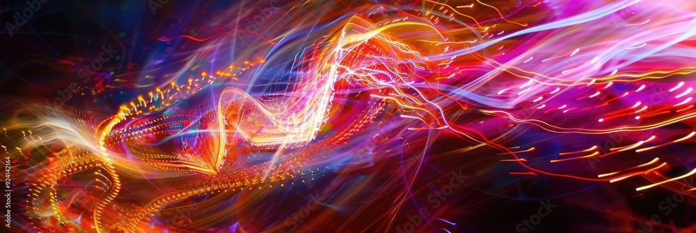 Swirling light waves in the atmosphere Dynamic light effects with motion blur Innovative camera technique showcasing party energy Vibrant burst of creativity Unique and captivating