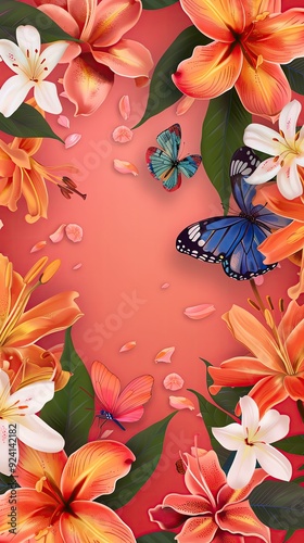 Text area with a lively spring theme, featuring blooming flowers and a butterfly photo