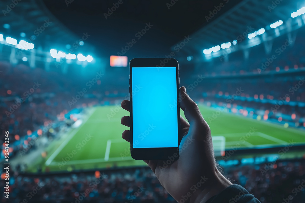 A vibrant stadium backdrop with a hand holding a smartphone displaying a blue screen during a lively sports event A vibrant stadium backdrop with a hand holding a smartphone displaying a blue screen during a lively sports event