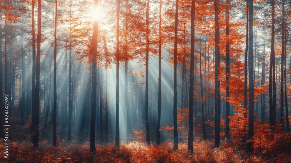 A forest with trees and sun shining through the leaves, AI A forest with trees and sun shining through the leaves, AI