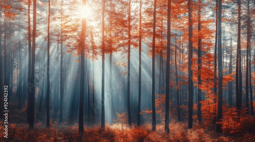 A forest with trees and sun shining through the leaves, AI