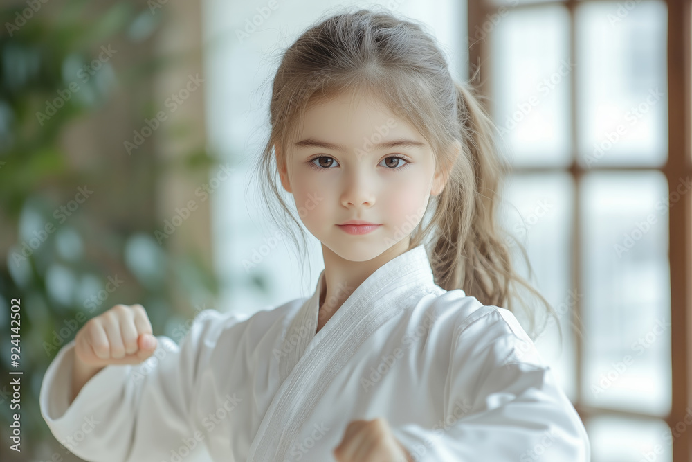 A cheerful little girl joyfully greets with hands together in a bright and airy room, dressed in a light traditional outfit A cheerful little girl joyfully greets with hands together in a bright and airy room, dressed in a light traditional outfit