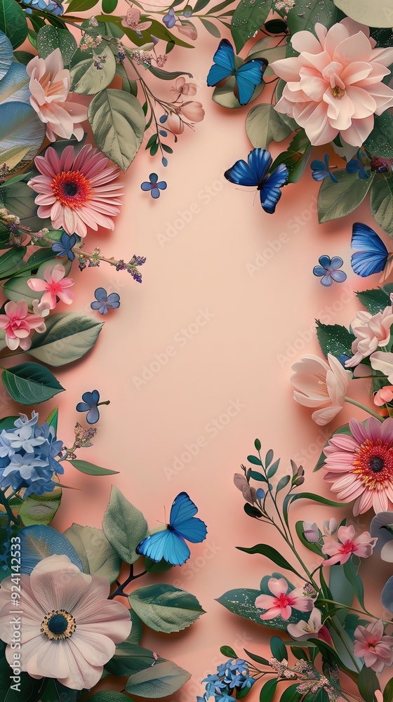 Open typography area surrounded by blooming flowers and a butterfly to one side, spring vibe Open typography area surrounded by blooming flowers and a butterfly to one side, spring vibe