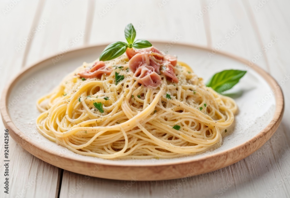 Spaghetti Carbonara with Bacon, Basil, and Cheese on Wooden Surface Spaghetti Carbonara with Bacon, Basil, and Cheese on Wooden Surface