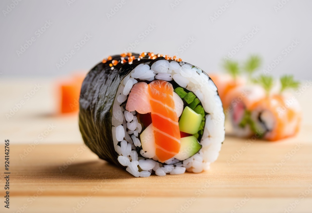 Close-up of Sushi Roll with Salmon, Cucumber, and Fish Roe Close-up of Sushi Roll with Salmon, Cucumber, and Fish Roe