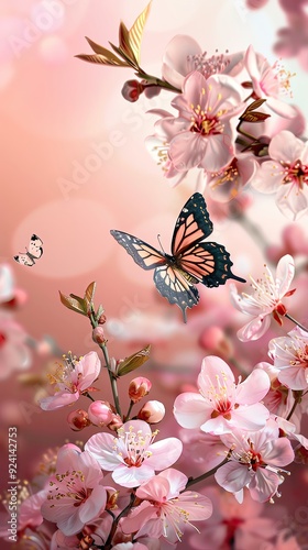 Open area for typography with spring flowers and a butterfly off-center photo