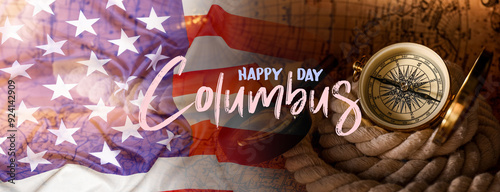 Vintage compass, magnifier and rope on world map