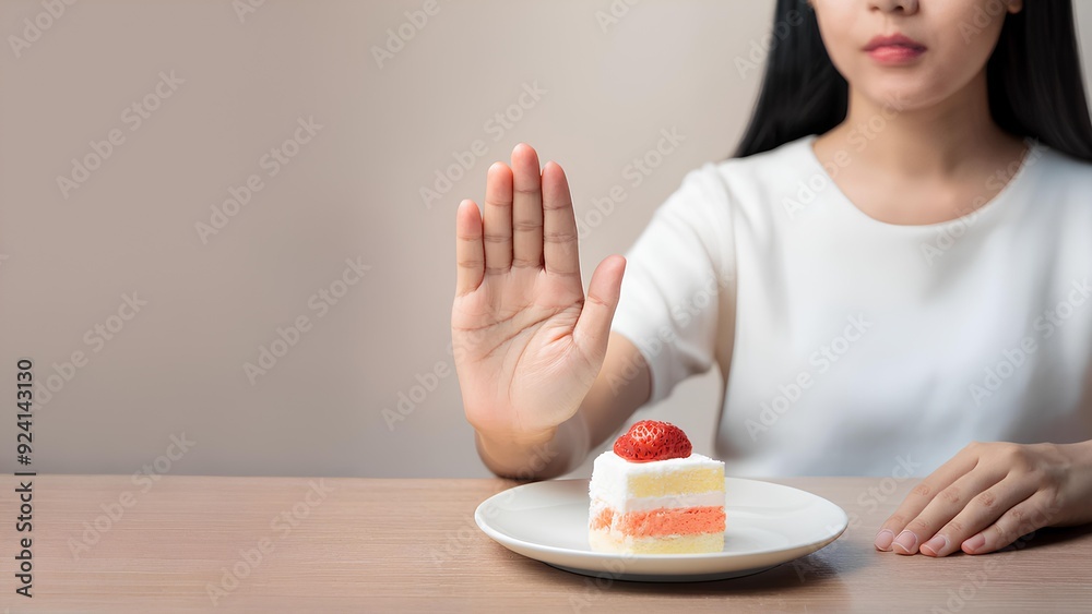 Concept: No Carb Diet, Weight Loss. Woman on a Diet, Controls Dessert Temptation. Concept: No Carb Diet, Weight Loss. Woman on a Diet, Controls Dessert Temptation.