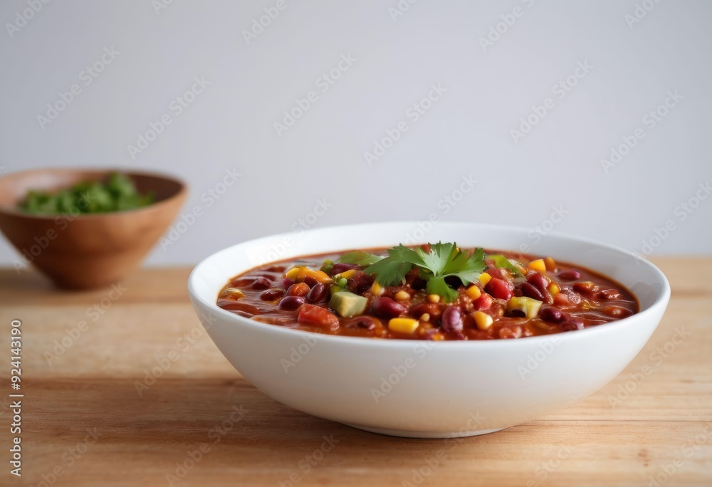 Bowl of Vibrant Vegetarian Chili with Cilantro on Wooden Countertop