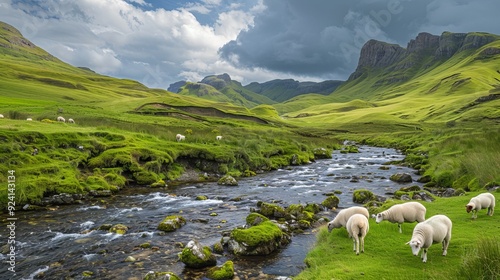 Sheep grazing by stream in lush highlands of isle of skye, scotland for scenic views