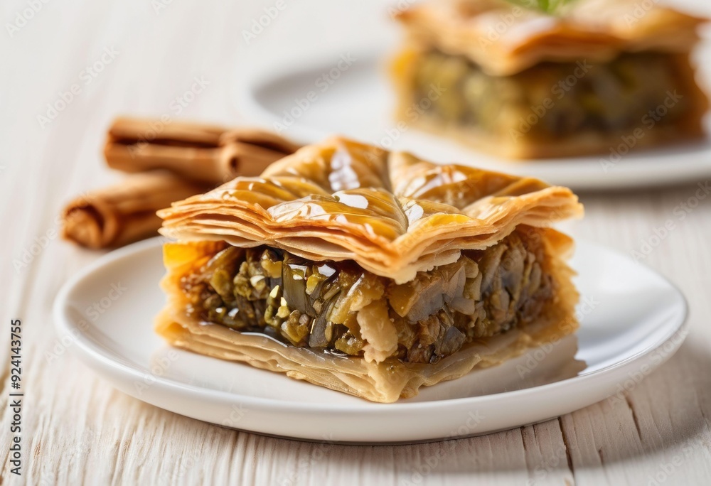 Baklava with Nuts and Honey on White Plate with Cinnamon Sticks Baklava with Nuts and Honey on White Plate with Cinnamon Sticks