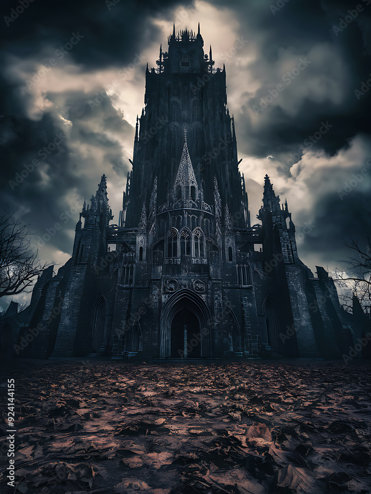 Obraz premium Arafed Gothic Castle is in the middle, with a door and stairs leading to a dark sky. There is a fantasy scene with a spooky haunted castle at night.
