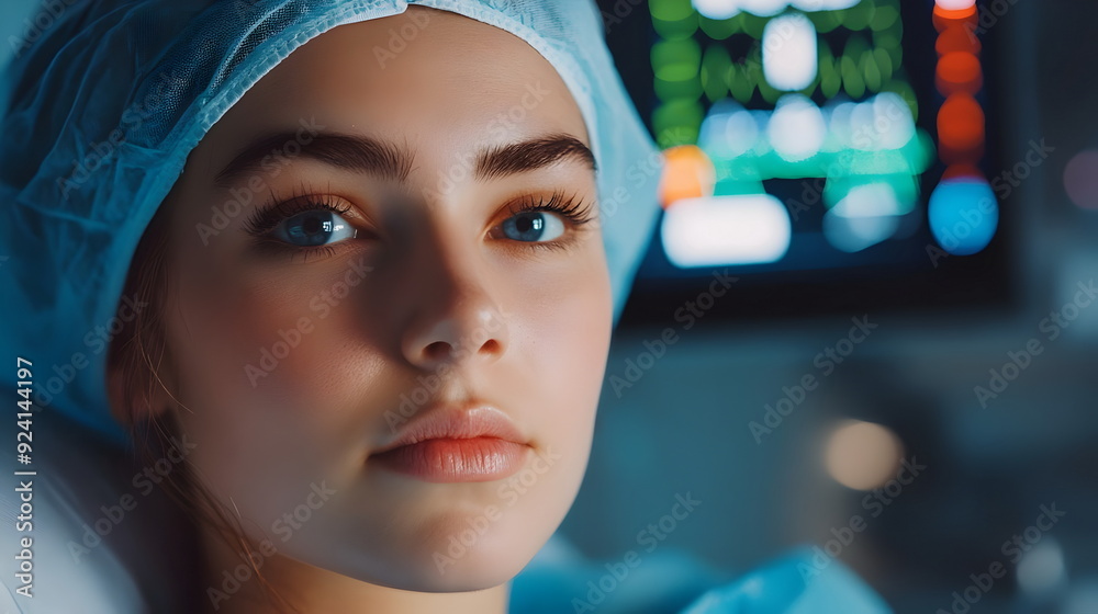 Young Female Doctor Closeup Focused Expression Medical Environment Young Female Doctor Closeup Focused Expression Medical Environment