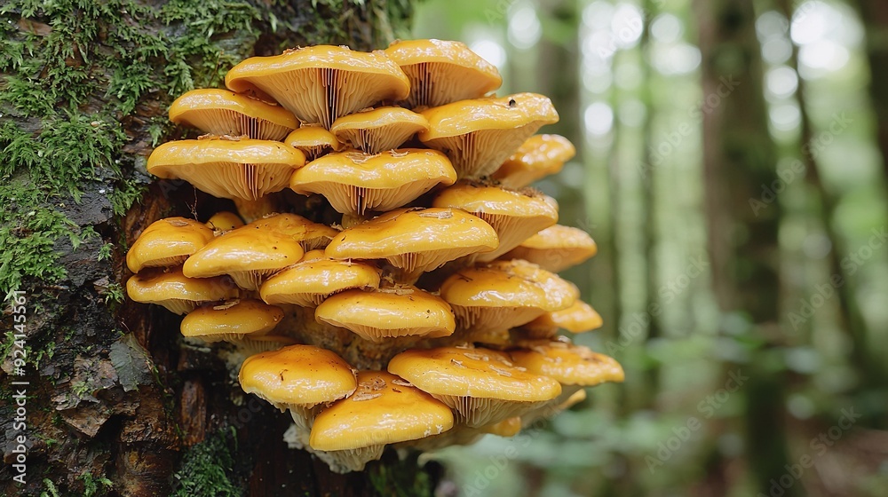 Cluster of mushrooms growing on tree side in forest with moss on tree bark Cluster of mushrooms growing on tree side in forest with moss on tree bark