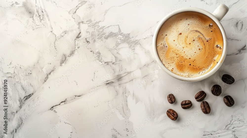 A steaming cappuccino sits on a marble countertop with coffee beans nearby during morning light