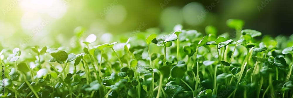 close-up view of fresh green sprouts bathed in sunlight, blurred background, banner with copy space. concepts: microgreens, clean eating, health food promotion, eco-friendly product advertisements. close-up view of fresh green sprouts bathed in sunlight, blurred background, banner with copy space. concepts: microgreens, clean eating, health food promotion, eco-friendly product advertisements.