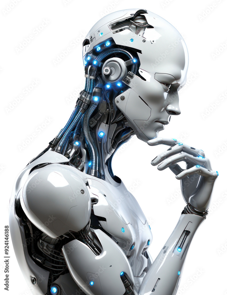 PNG Futuristic thinking robot with circuits PNG Futuristic thinking robot with circuits