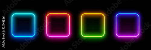 Neon square frame. Illuminate frame design. Set of square neon border. Futuristic graphic element for social media. Glowing neon lighting on dark background. Blue, pink, purple, violet. Vector