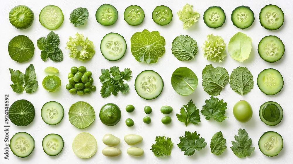 A white-backgrounded arrangement of cucumbers, leaves, and other vegetables is a collection of these items A white-backgrounded arrangement of cucumbers, leaves, and other vegetables is a collection of these items